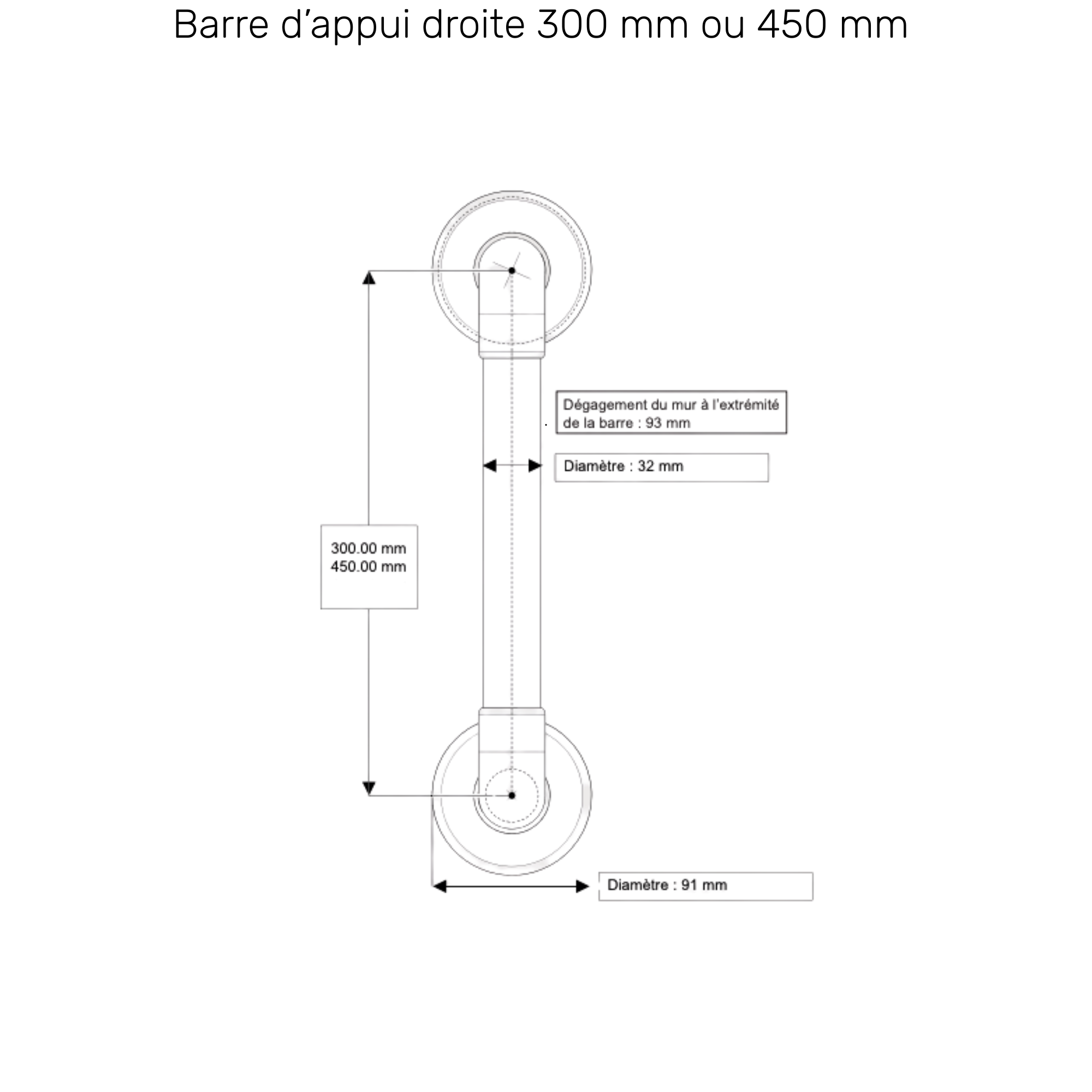 Barre d'Appui Haute Résistance Droite - 2 dimensions - Revêtement lisse - AKW