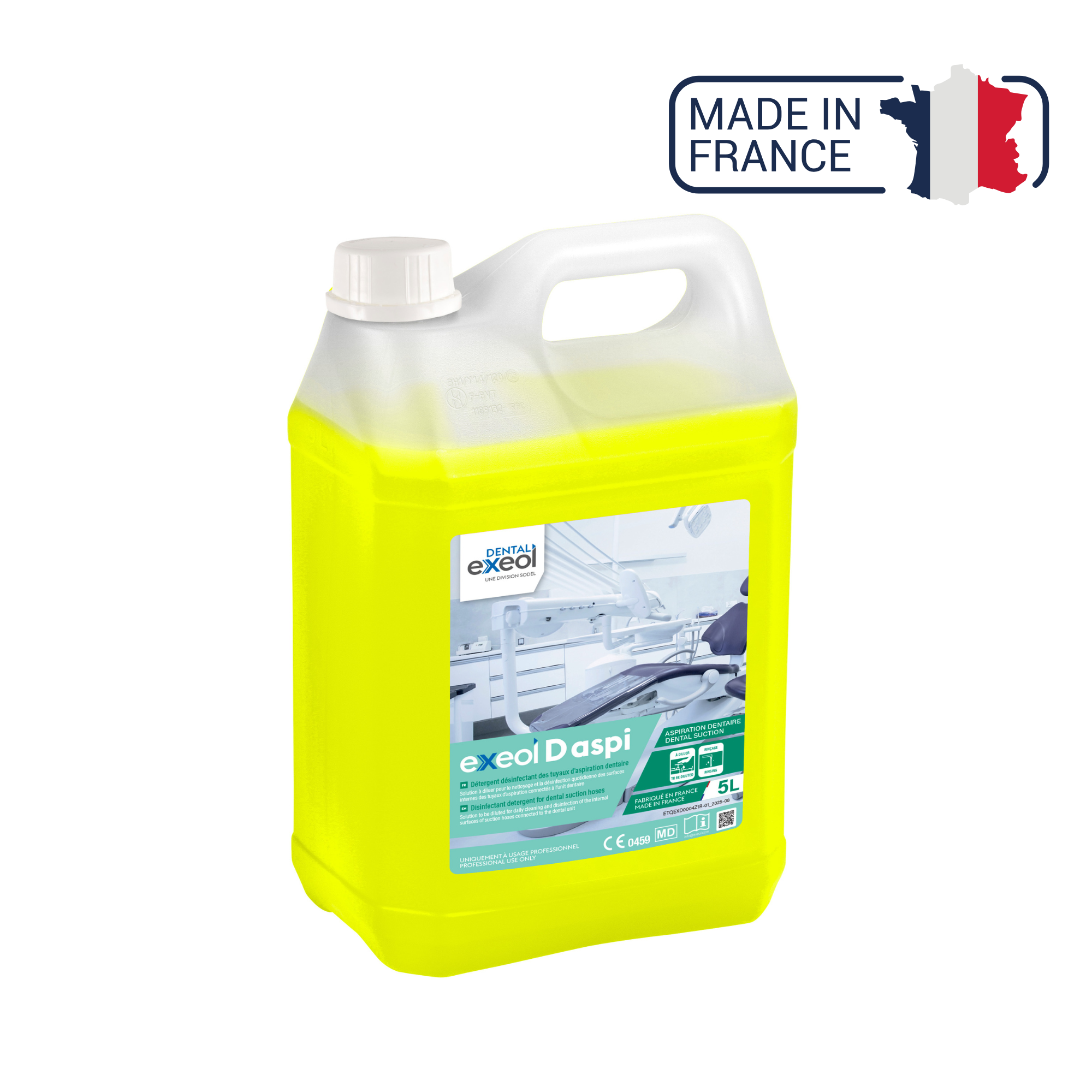 Exeol D aspi - Détergent désinfectant des tuyaux d'aspiration dentaire - 1L et 5L - Sodel