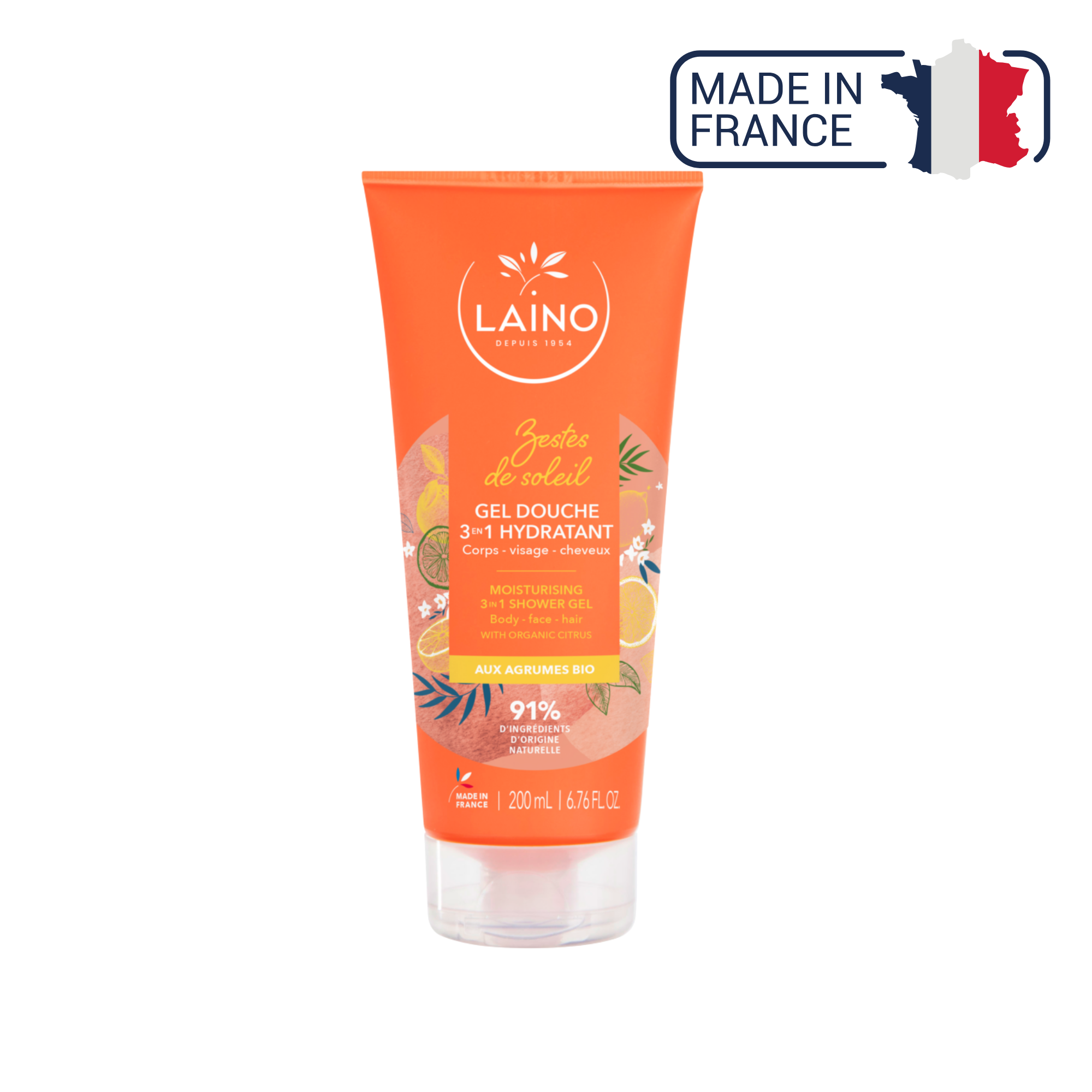 Gel Douche Hydratant - Agrumes Bio - 3 en 1 - 200ml - Laino